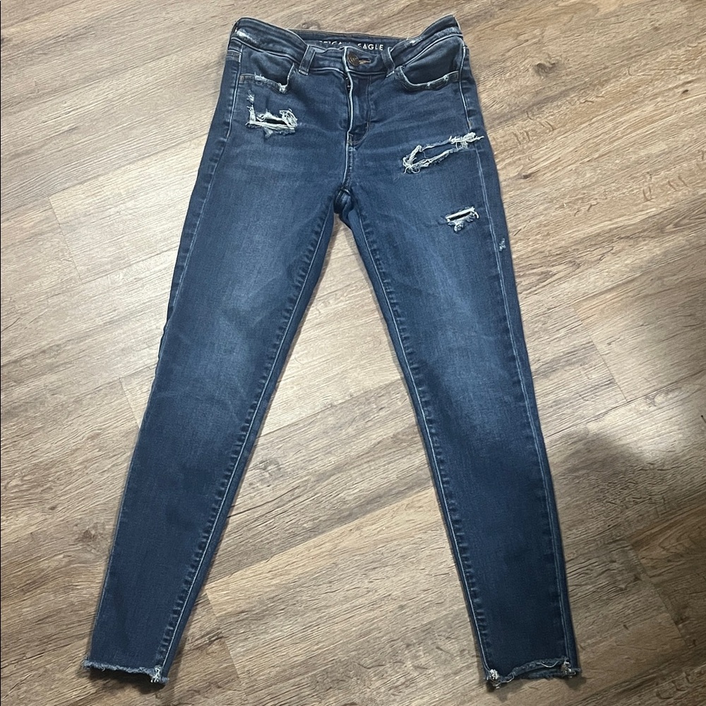 American Eagle Outfitters Women's Dark Blue Next Level Stress Distressed Jegging